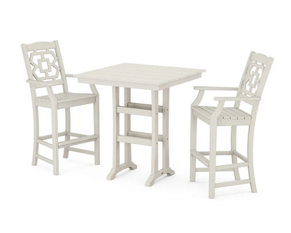 Chinoiserie 3-Piece Farmhouse Bar Set with Trestle Legs