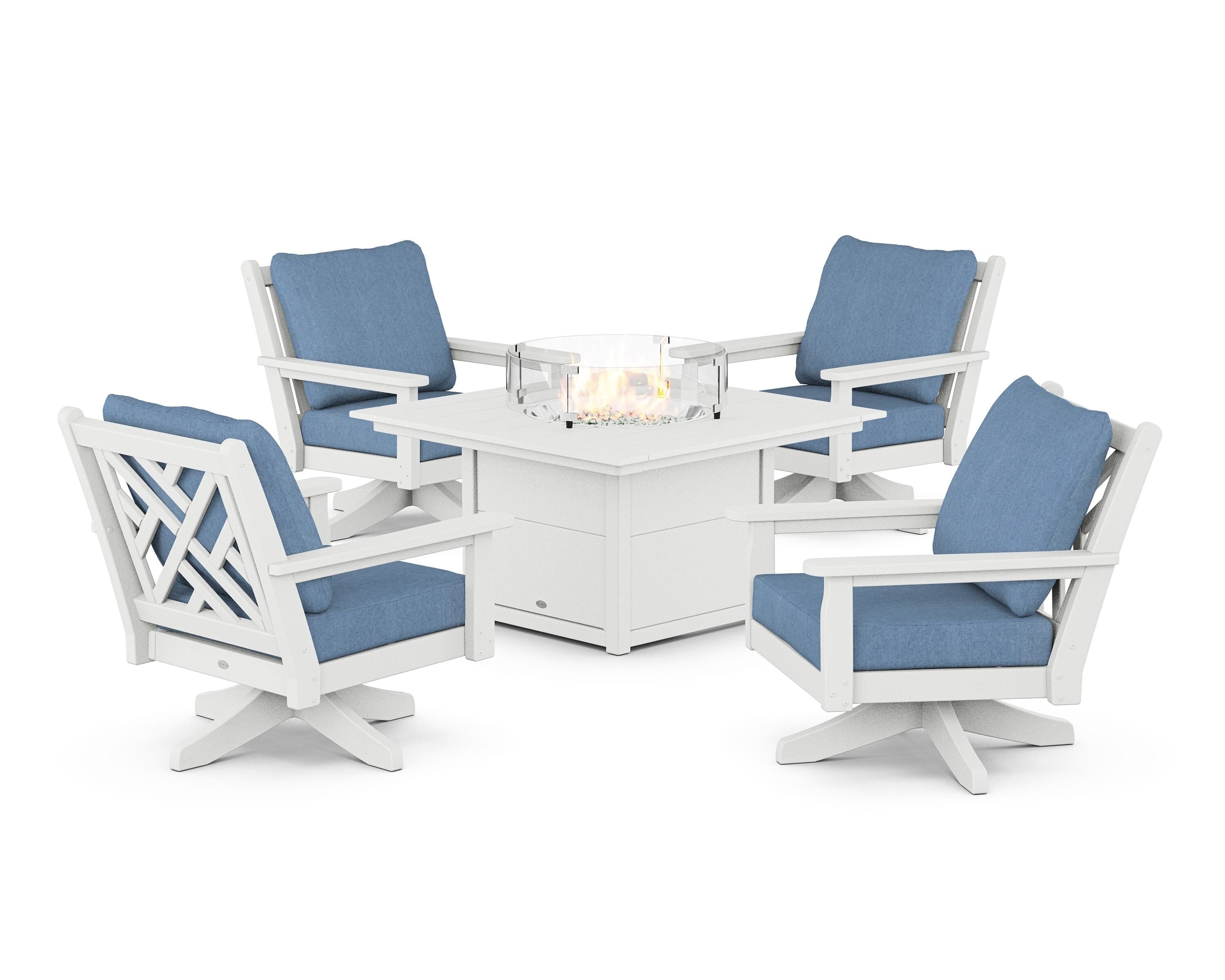 POLYWOOD® Chippendale 5-Piece Deep Seating Swivel Conversation Set with Fire Pit Table in White / Sky Blue