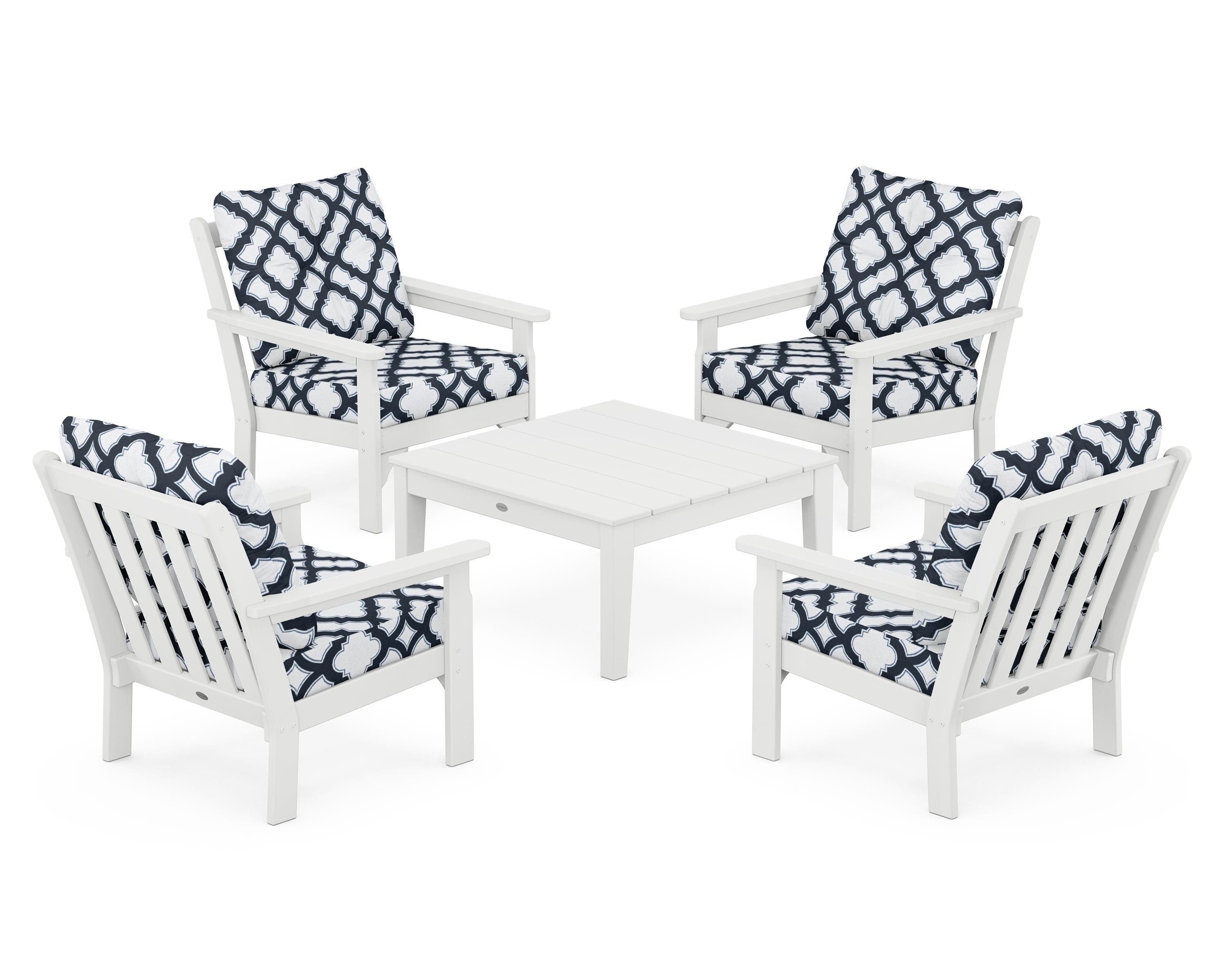 POLYWOOD® Vineyard 5-Piece Deep Seating Conversation Set in White / Trellis Marine Indigo