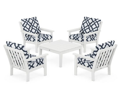 POLYWOOD® Vineyard 5-Piece Deep Seating Conversation Set in White / Trellis Marine Indigo