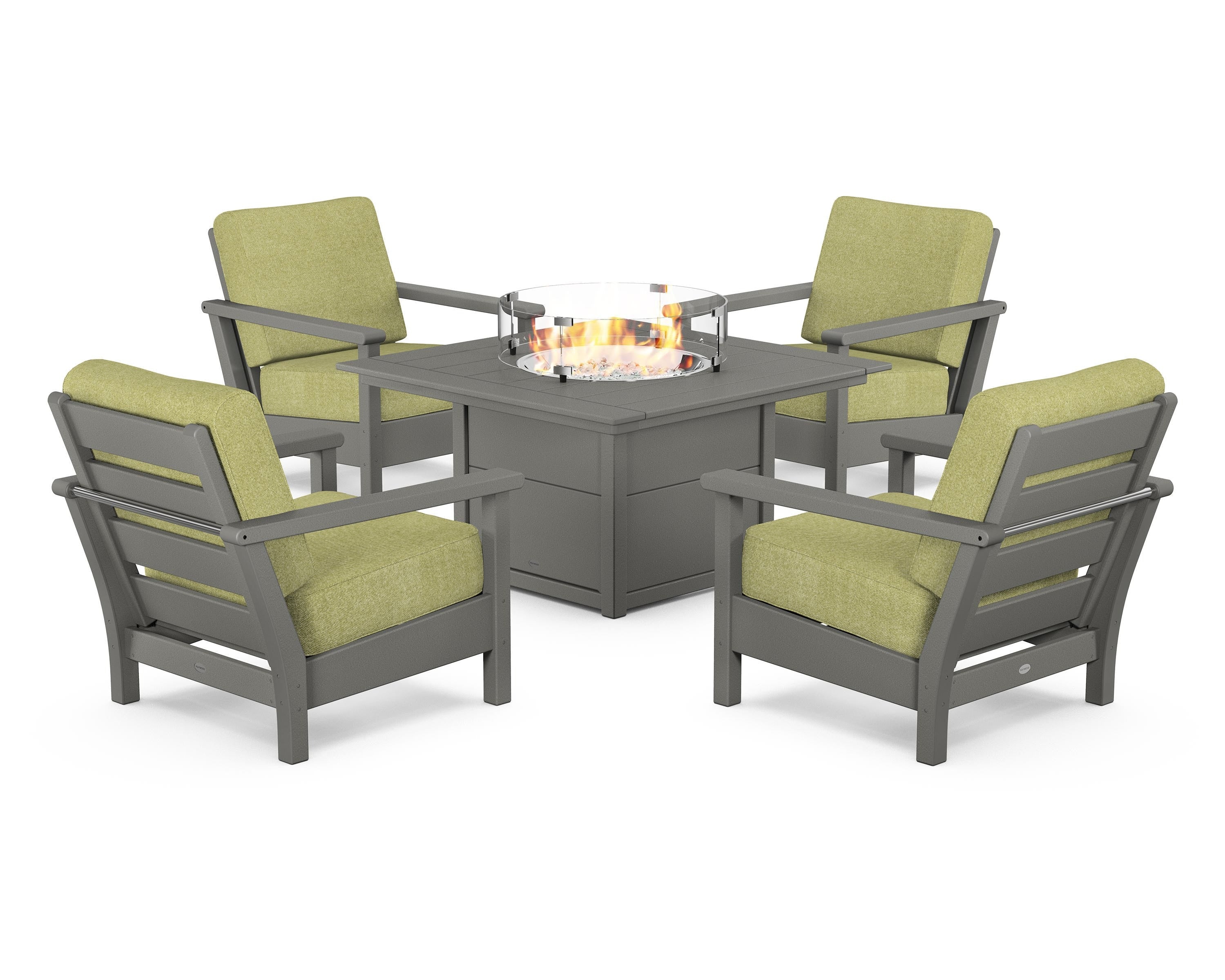 POLYWOOD® Harbour 5-Piece Conversation Set with Fire Pit Table in Slate Grey / Chartreuse Boucle