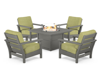 POLYWOOD® Harbour 5-Piece Conversation Set with Fire Pit Table in Slate Grey / Chartreuse Boucle