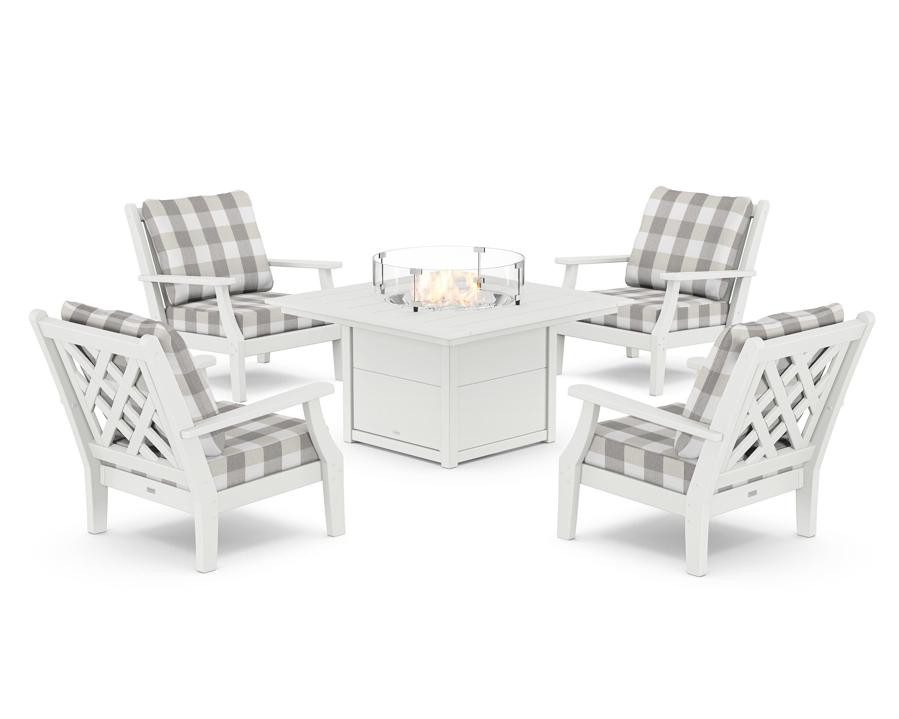 Country Living Wovendale 5-Piece Deep Seating Set with Fire Pit Table in White / Buffalo Plaid Grey Mist