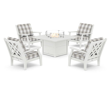Country Living Wovendale 5-Piece Deep Seating Set with Fire Pit Table in White / Buffalo Plaid Grey Mist