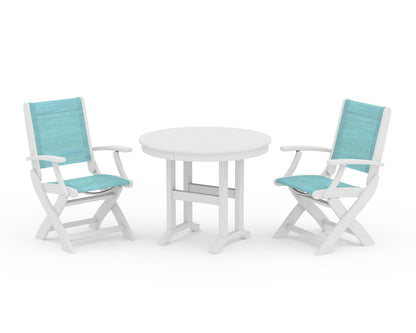 POLYWOOD® Coastal Folding Chair 3-Piece Round Dining Set in White / Dupioni Aquamarine Sling