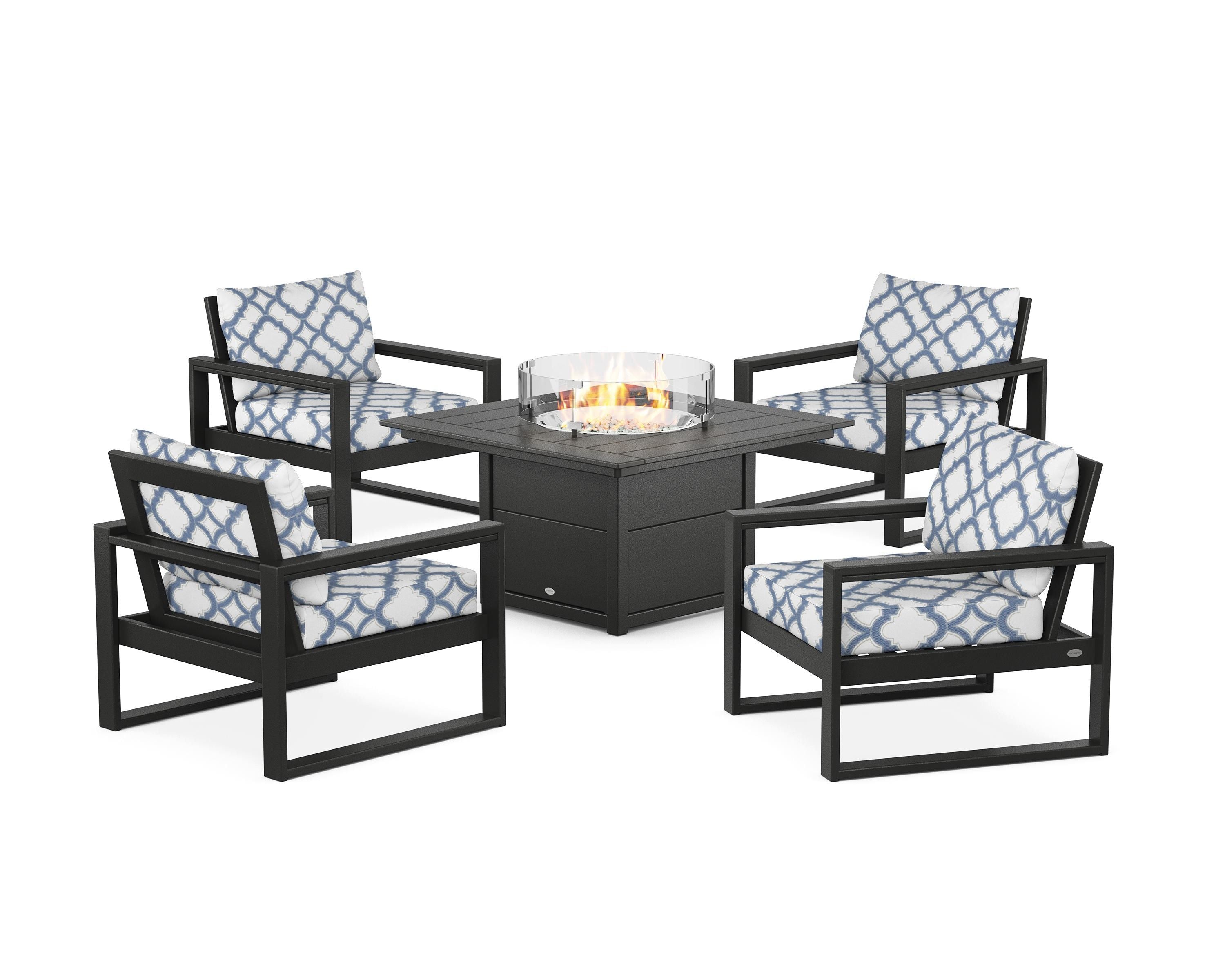 POLYWOOD® EDGE Sectional 5-Piece Deep Seating Set with Fire Pit Table in Black / Trellis Sky Blue