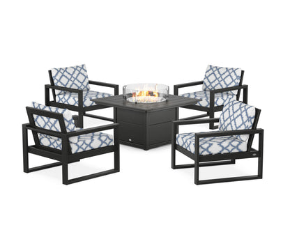 POLYWOOD® EDGE Sectional 5-Piece Deep Seating Set with Fire Pit Table in Black / Trellis Sky Blue