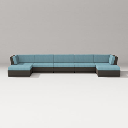 PW Designer Series Elevate 7-Piece Double Chaise Sectional in Vintage Coffee / Lattice Sky Blue