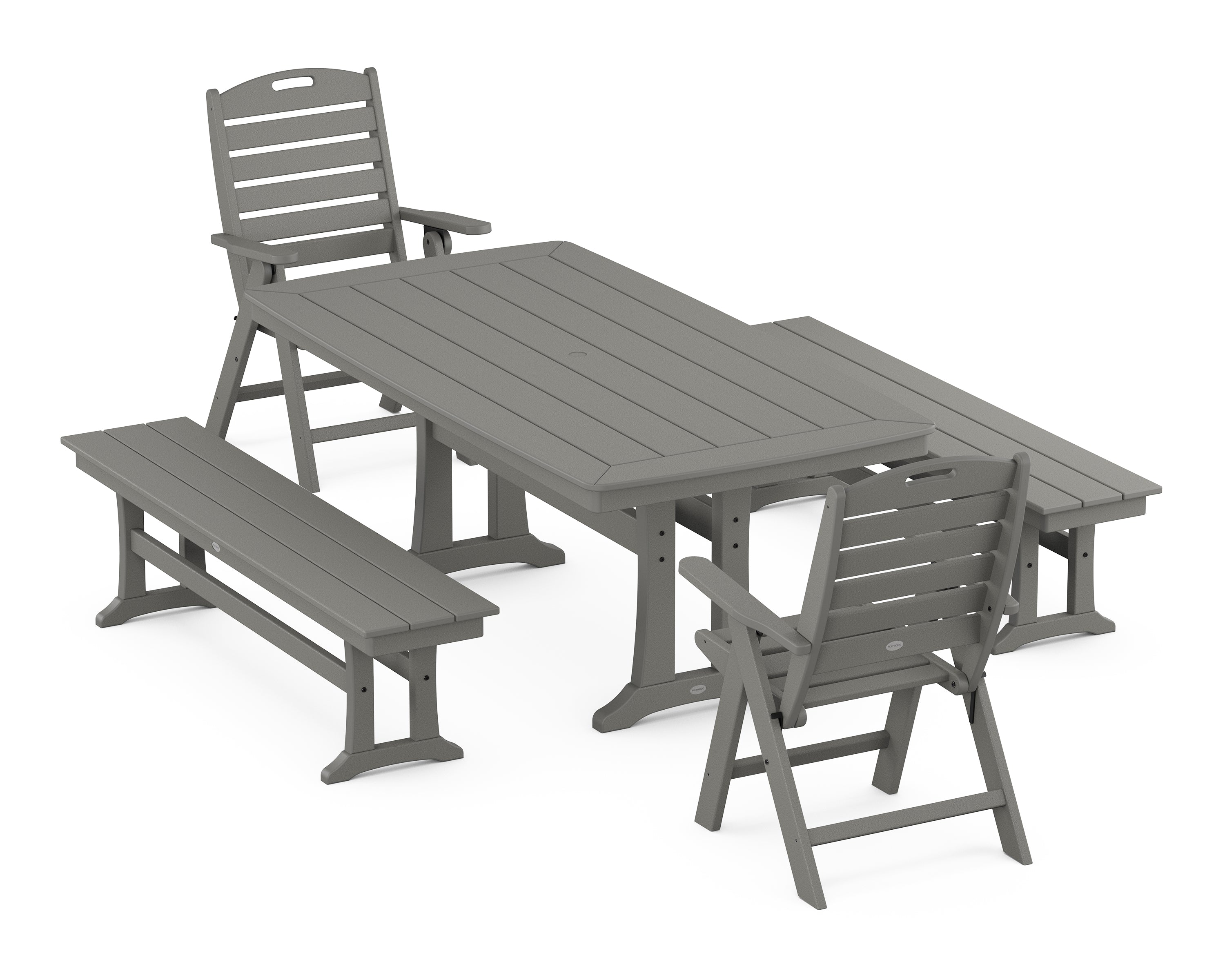 POLYWOOD® Nautical Folding Highback Chair 5-Piece Dining Set with Trestle Legs and Benches in Slate Grey