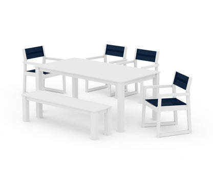 POLYWOOD® EDGE Sling Arm Chair 6-Piece Parsons Dining Set with Bench in White / Navy Blue Sling