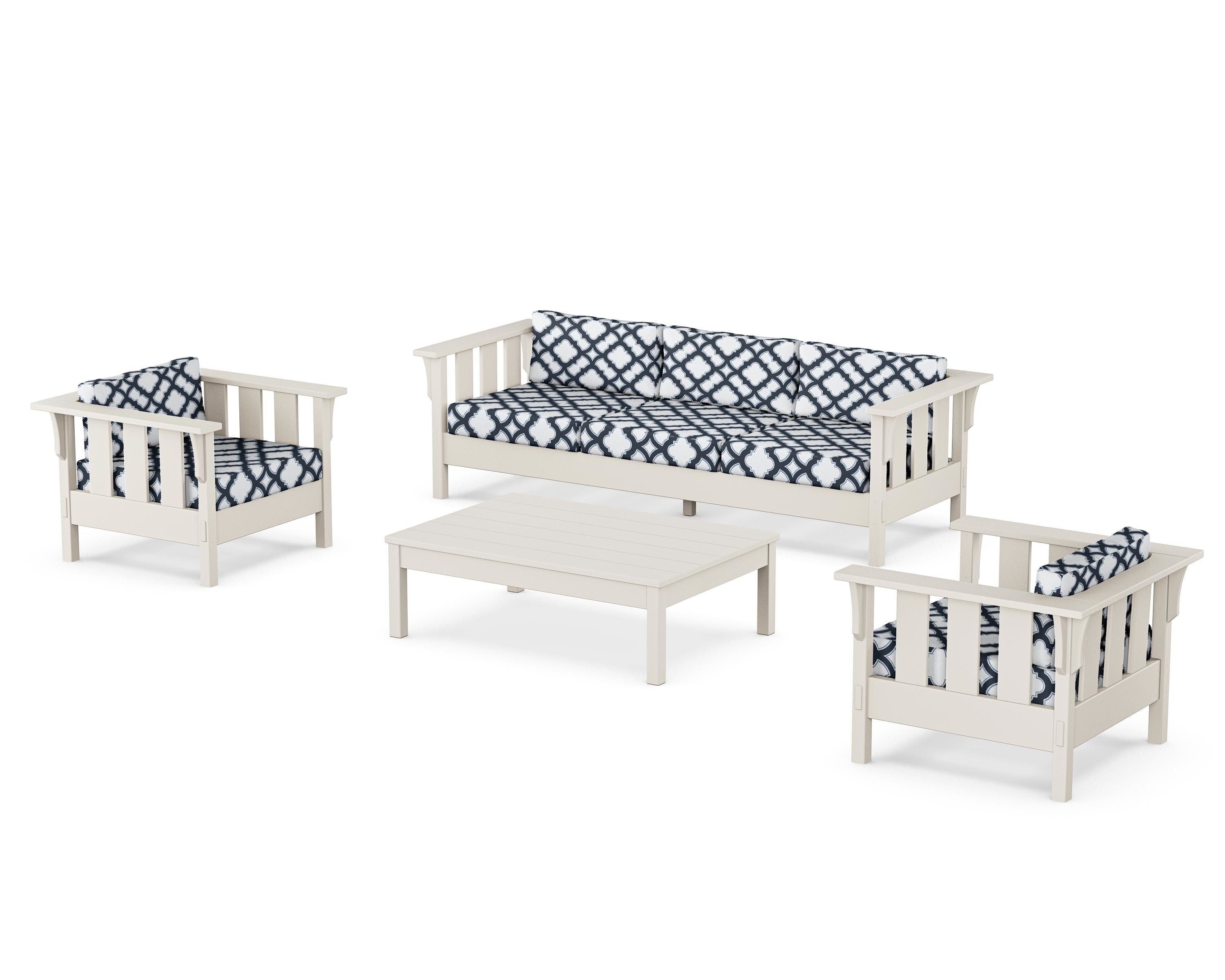 Martha Stewart by POLYWOOD® Acadia 4-Piece Deep Seating Set with Sofa in Sand / Trellis Marine Indigo
