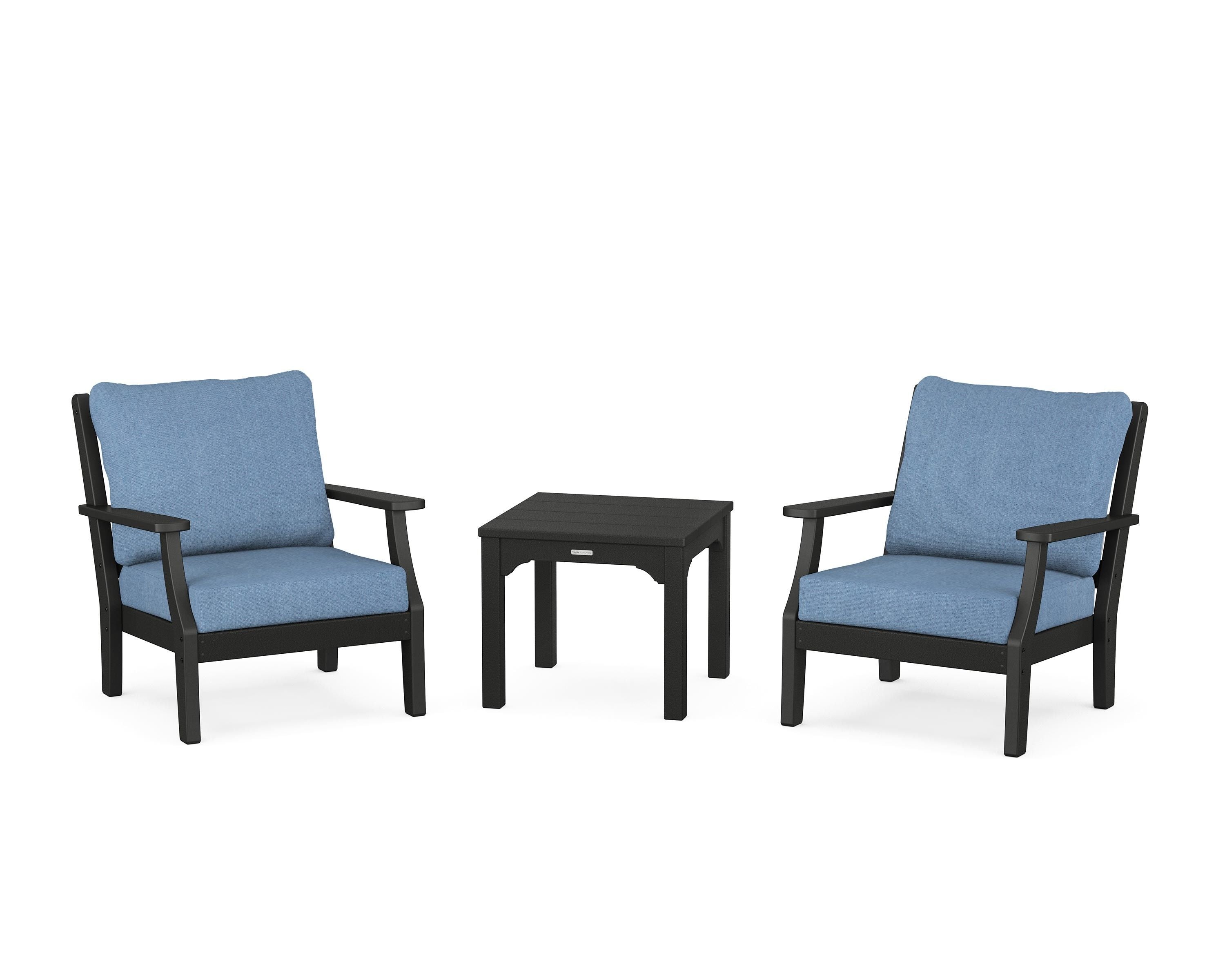 Martha Stewart by POLYWOOD® Chinoiserie 3-Piece Deep Seating Set in Black / Sky Blue