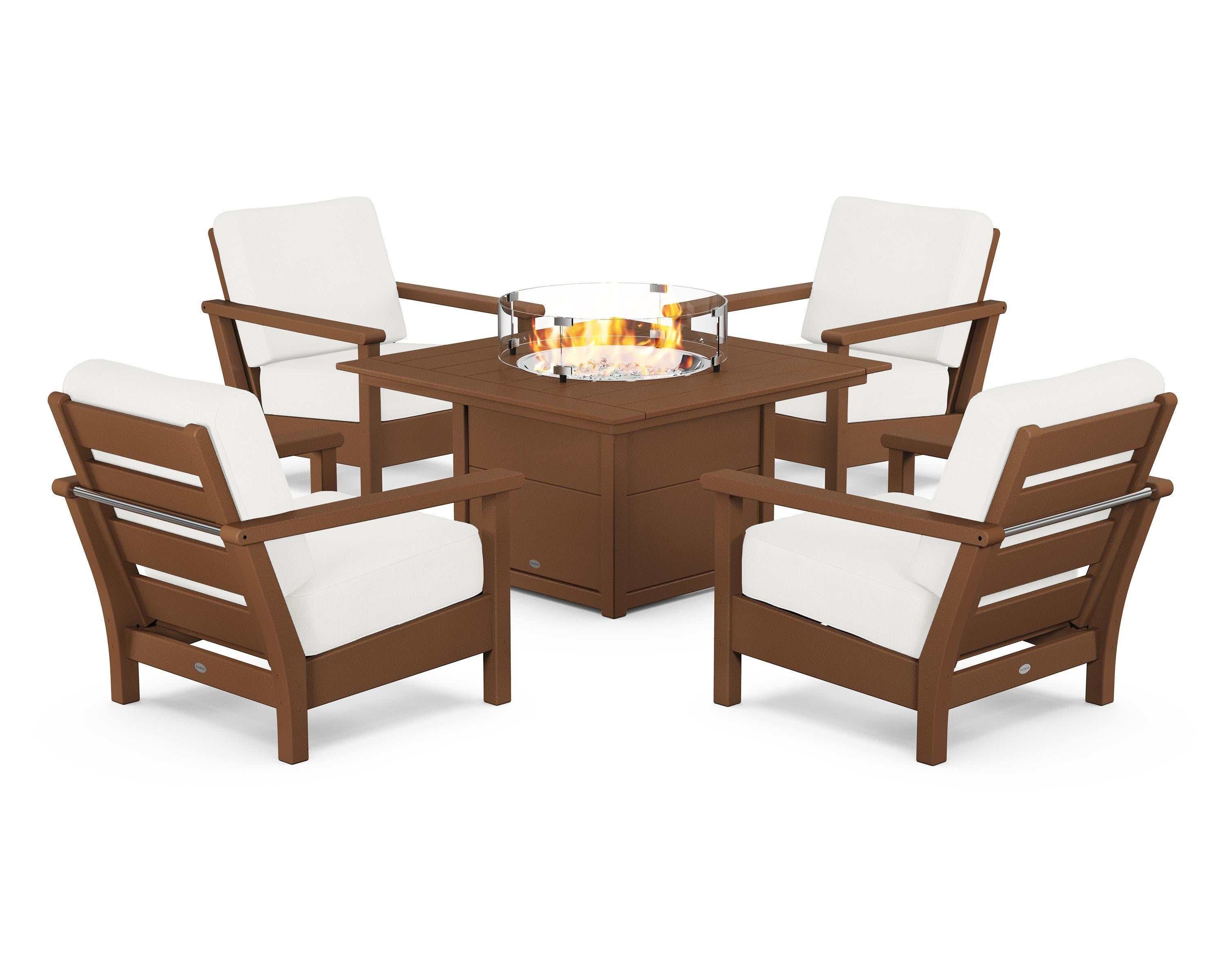 POLYWOOD® Harbour 5-Piece Conversation Set with Fire Pit Table in Teak / Natural Linen
