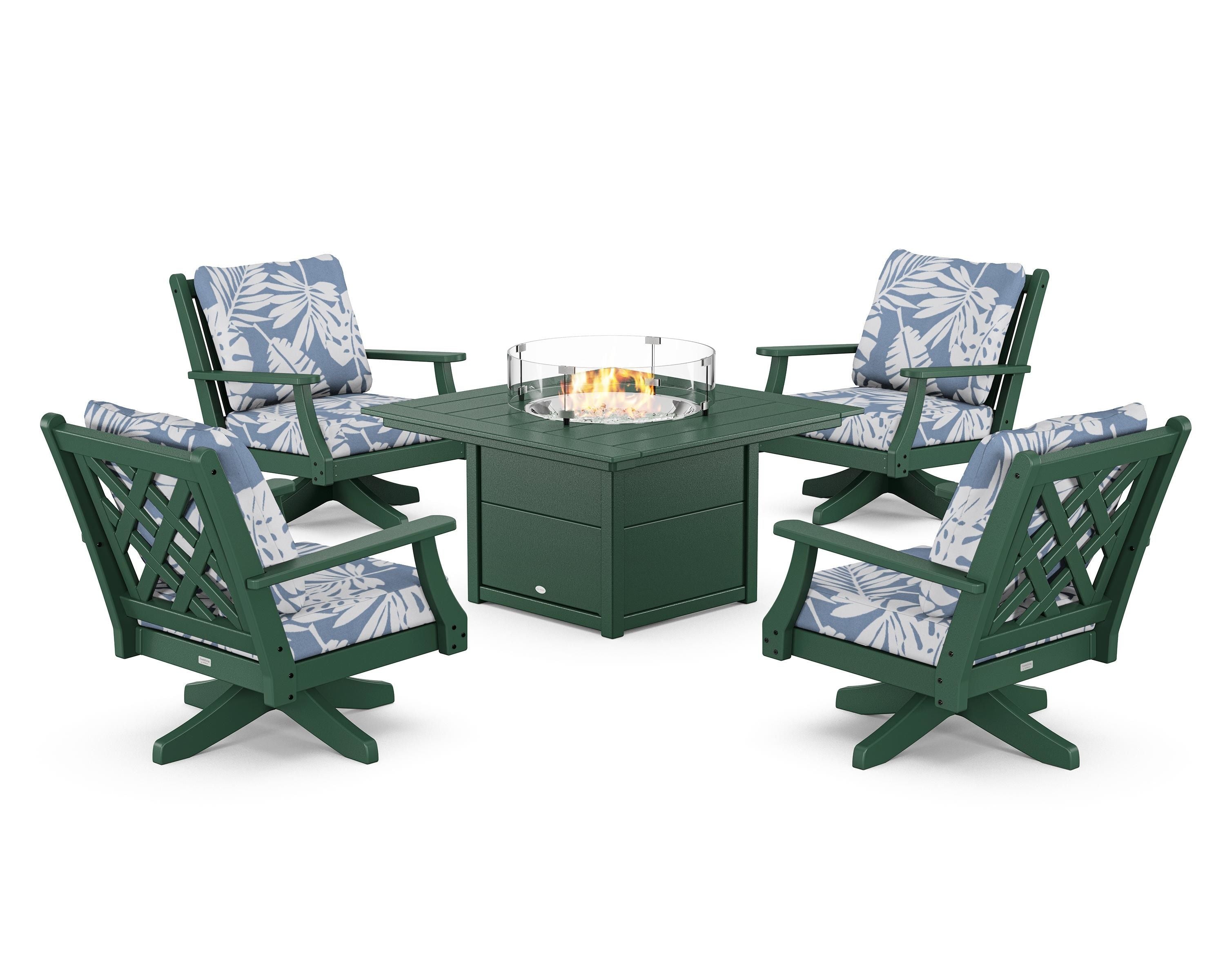 Country Living Wovendale 5-Piece Deep Seating Swivel Conversation Set with Fire Pit Table in Green / Leaf Sky Blue