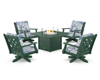 Country Living Wovendale 5-Piece Deep Seating Swivel Conversation Set with Fire Pit Table in Green / Leaf Sky Blue