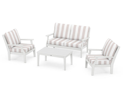 POLYWOOD® Braxton 4-Piece Deep Seating Chair Set in White / Cabana Stripe Dune Burlap