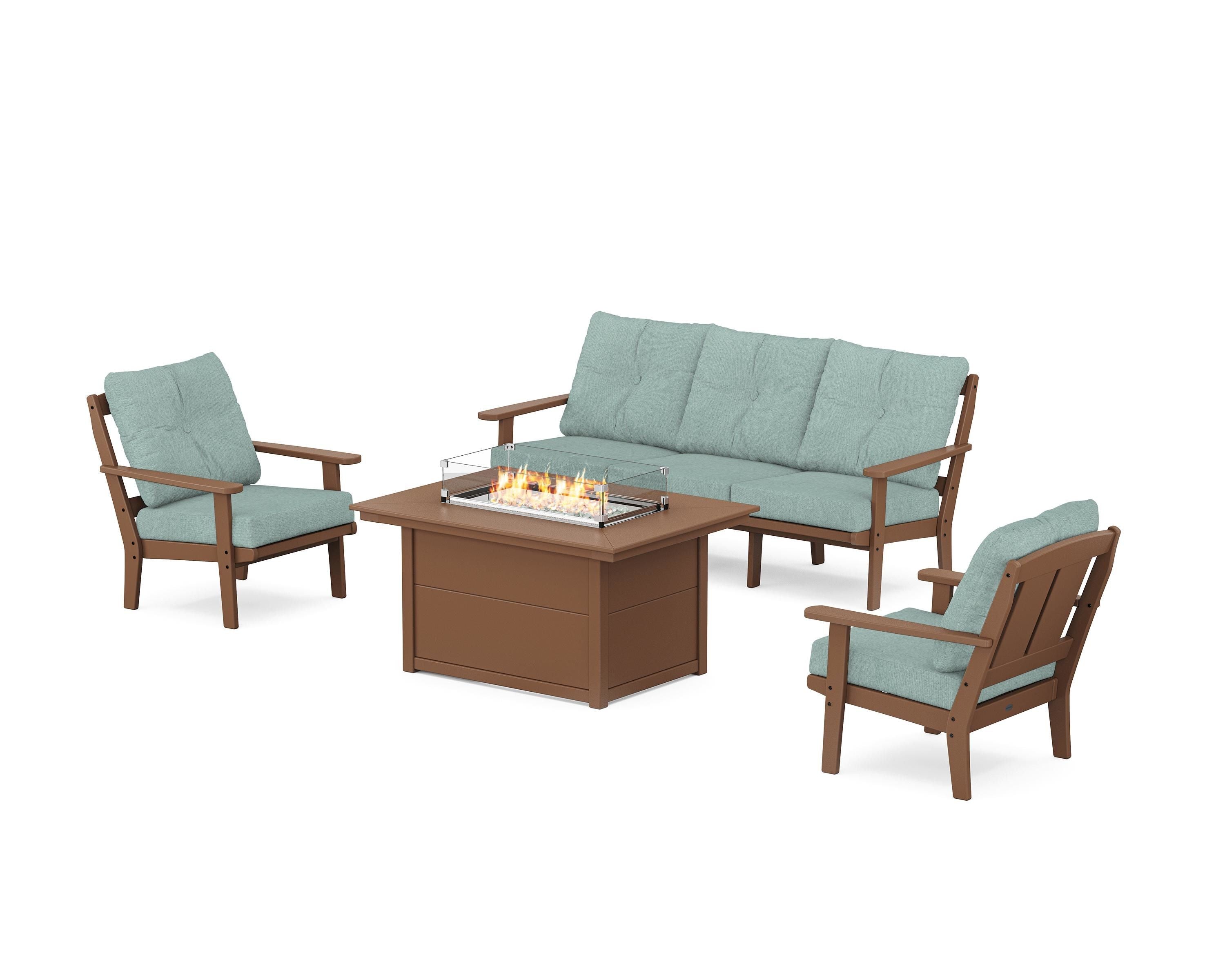 POLYWOOD® Mission Deep Seating Fire Pit Table Set in Teak / Glacier Spa