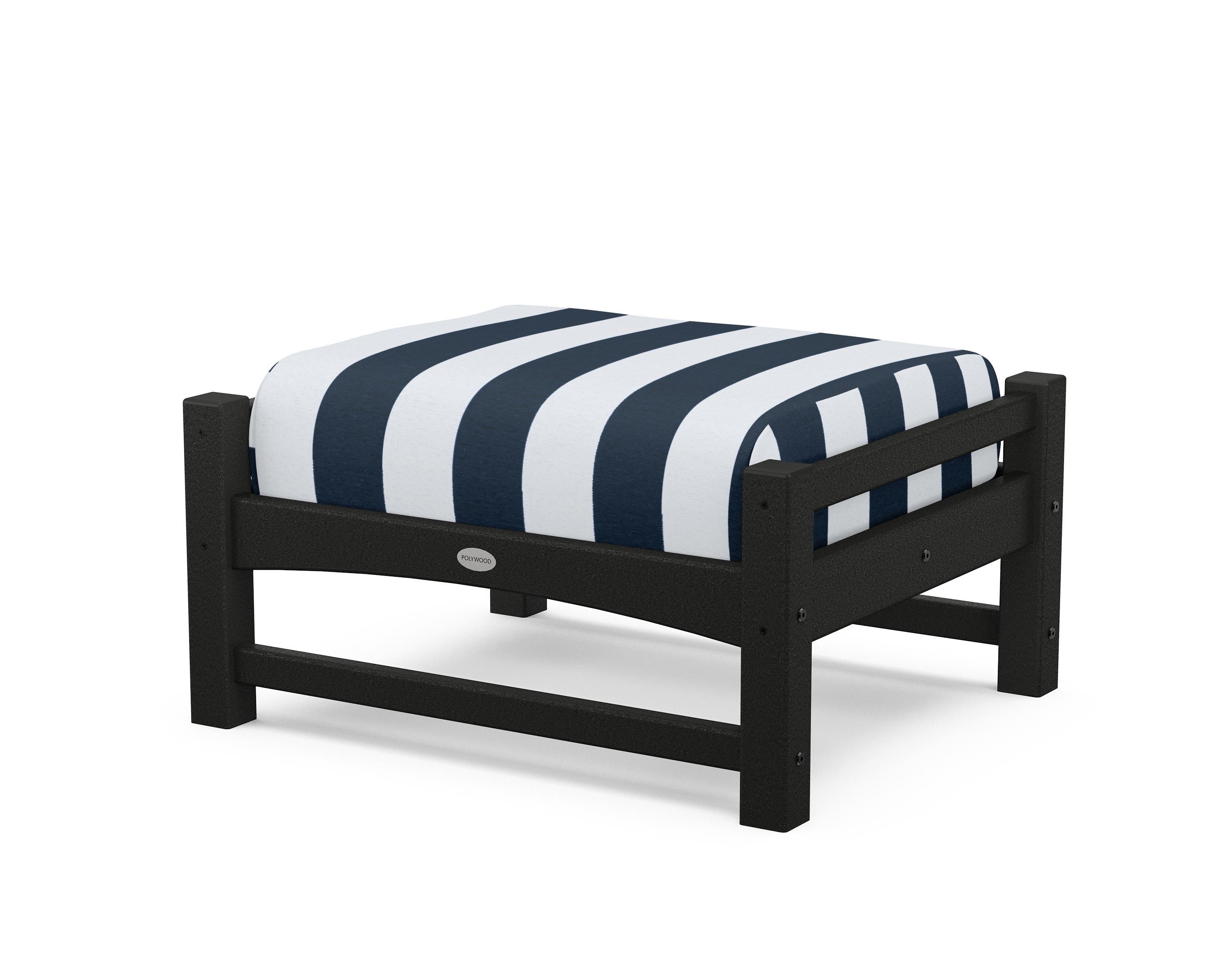 POLYWOOD® Club Ottoman in Black / Cabana Stripe Marine Indigo