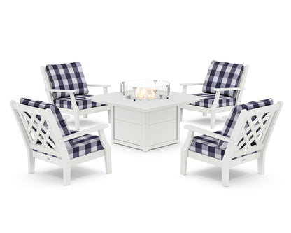 Country Living Wovendale 5-Piece Deep Seating Set with Fire Pit Table in White / Buffalo Plaid Navy