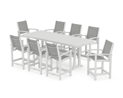 POLYWOOD® Coastal 9-Piece Farmhouse Counter Set with Trestle Legs in White / Metallic Sling