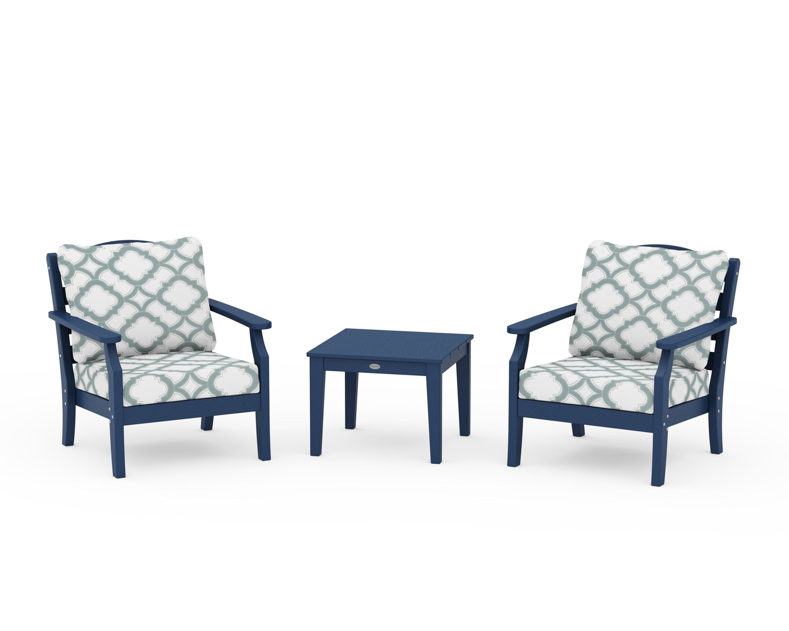 Draper James™ by  POLYWOOD® Savannah 3-Piece Deep Seating Set in Navy / Trellis Glacier Spa