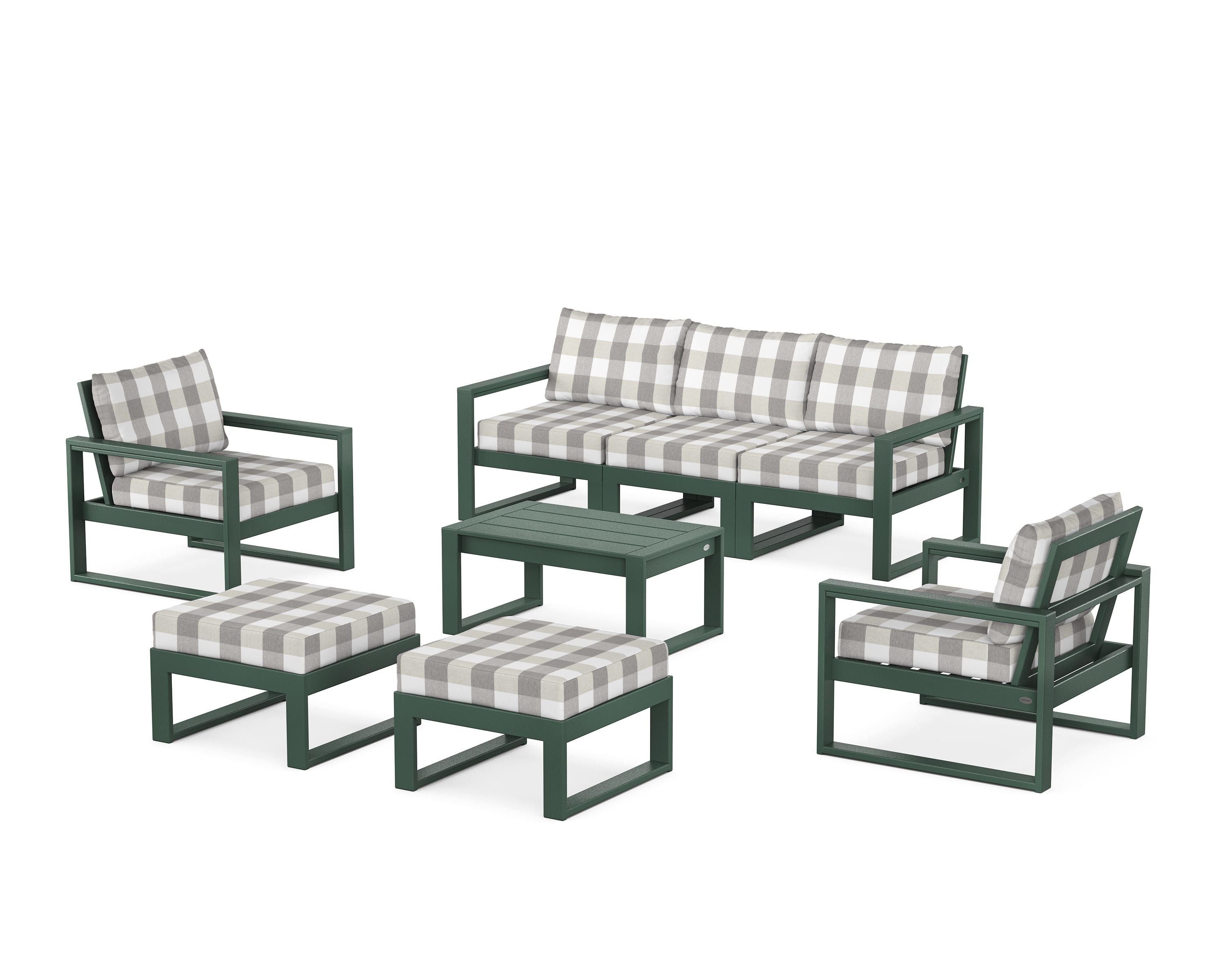POLYWOOD® EDGE Sectional 8-Piece Lounge Sofa Set in Green / Buffalo Plaid Grey Mist