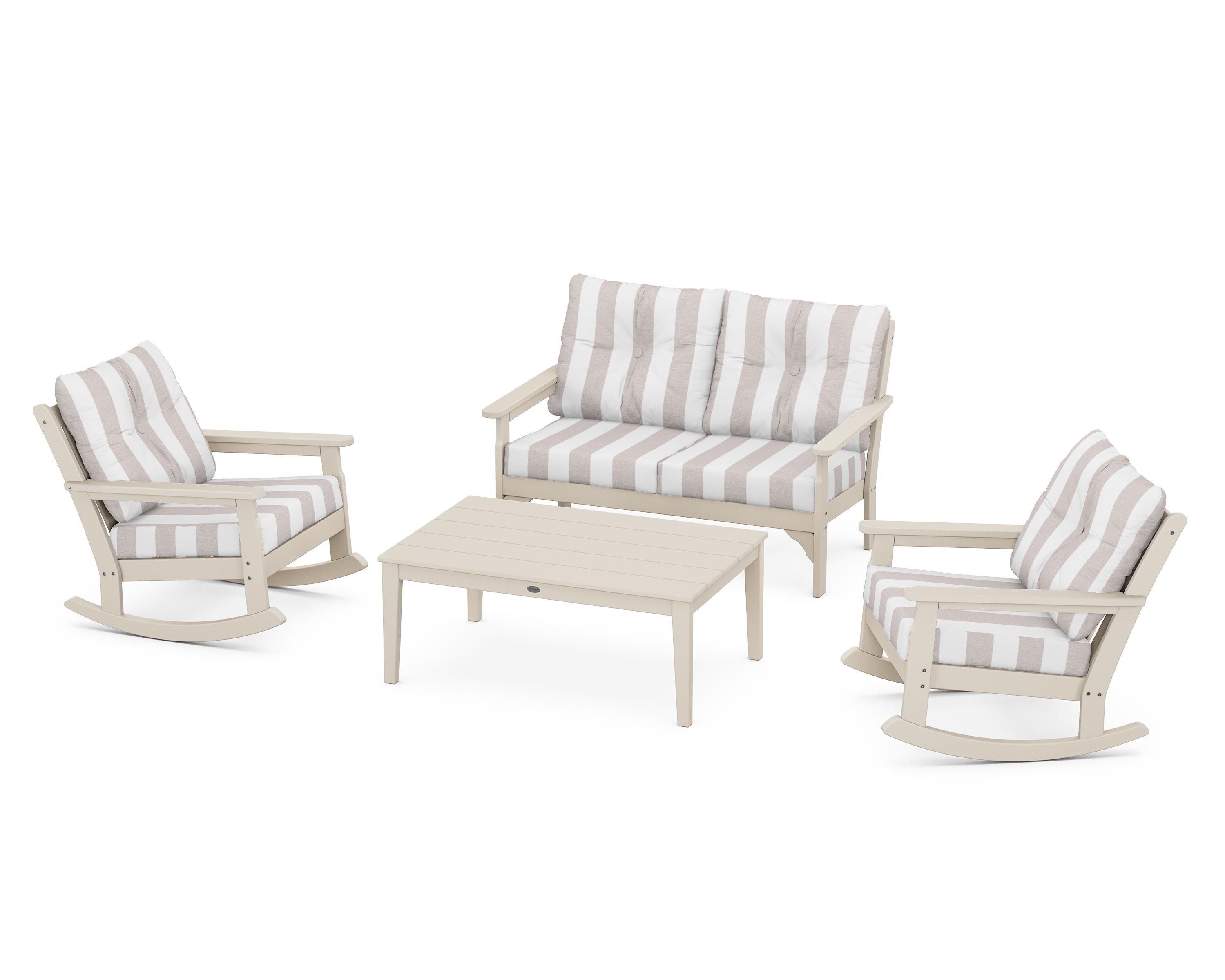 POLYWOOD® Vineyard 4-Piece Deep Seating Rocking Chair Set in Sand / Cabana Stripe Dune Burlap