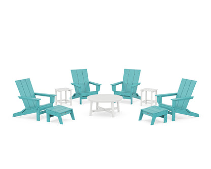 POLYWOOD® Modern Studio Folding Adirondack 9-Piece Conversation Set in Aruba / White
