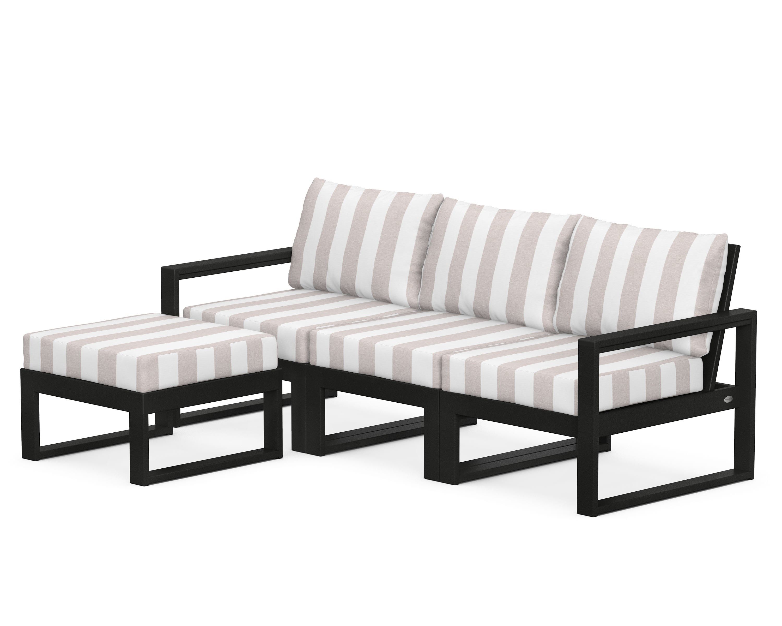 POLYWOOD® EDGE 4-Piece Modular Deep Seating Set with Ottoman in Black / Cabana Stripe Dune Burlap