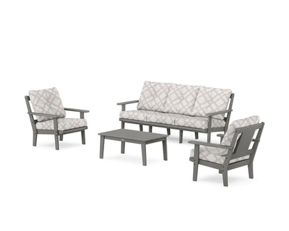 POLYWOOD® Prairie 4-Piece Deep Seating Set with Sofa in Slate Grey / Trellis Dune Burlap