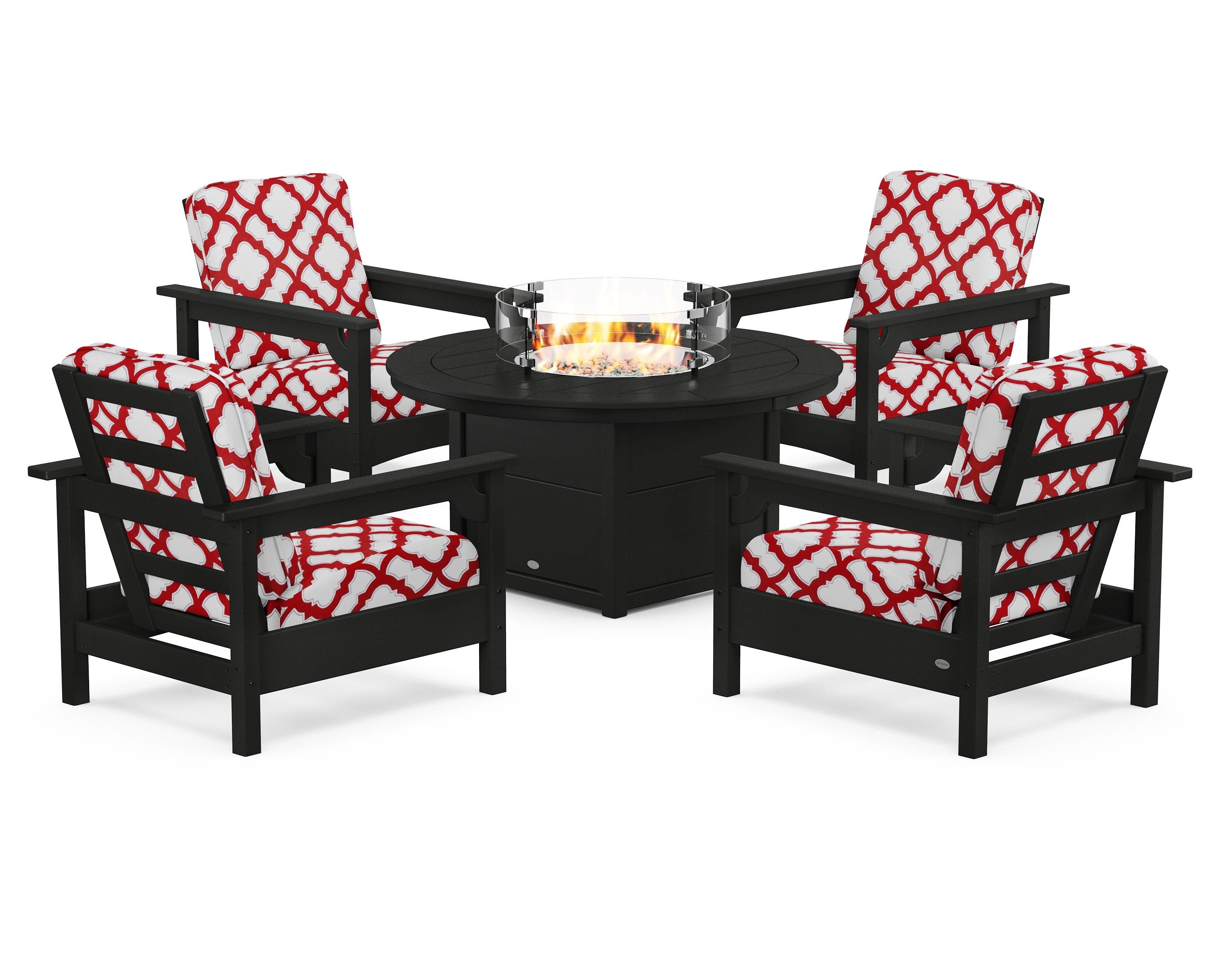 POLYWOOD® Club 5-Piece Conversation Set with Fire Pit Table in Black / Trellis Crimson
