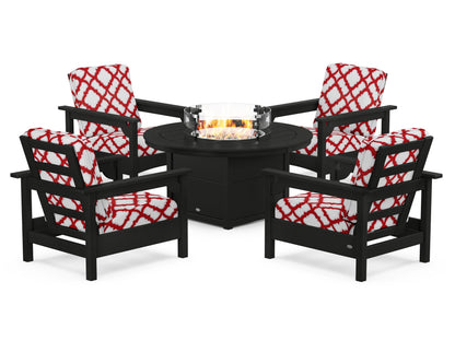 POLYWOOD® Club 5-Piece Conversation Set with Fire Pit Table in Black / Trellis Crimson