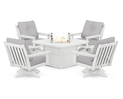 POLYWOOD® Vineyard 5-Piece Deep Seating Swivel Conversation Set with Fire Pit Table in White / Granite