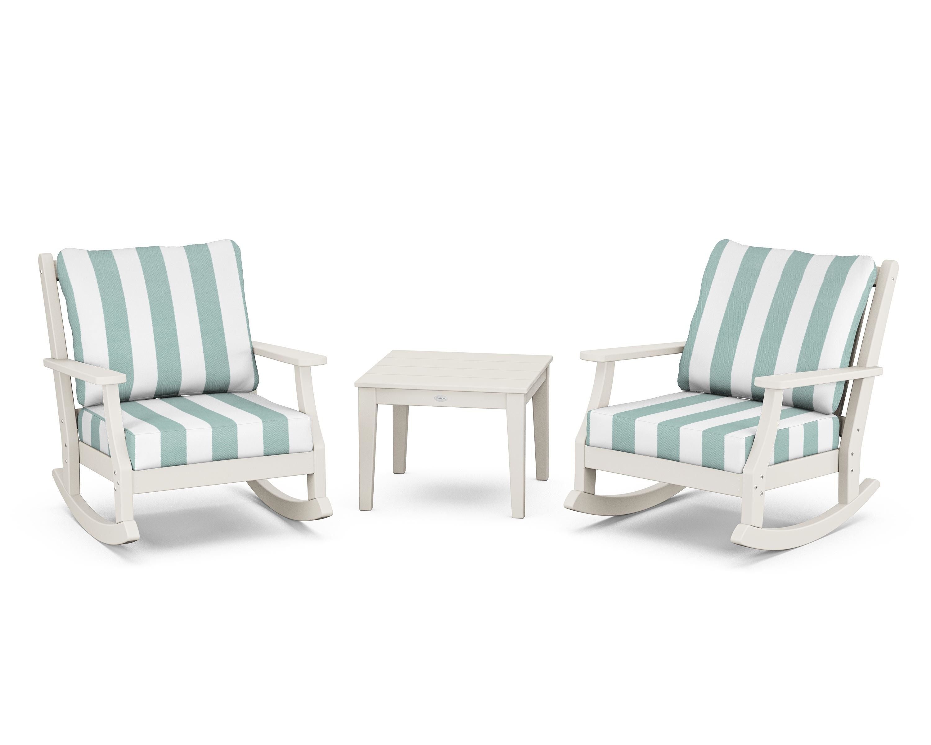 Country Living Wovendale 3-Piece Deep Seating Rocker Set in Sand / Cabana Stripe Glacier Spa