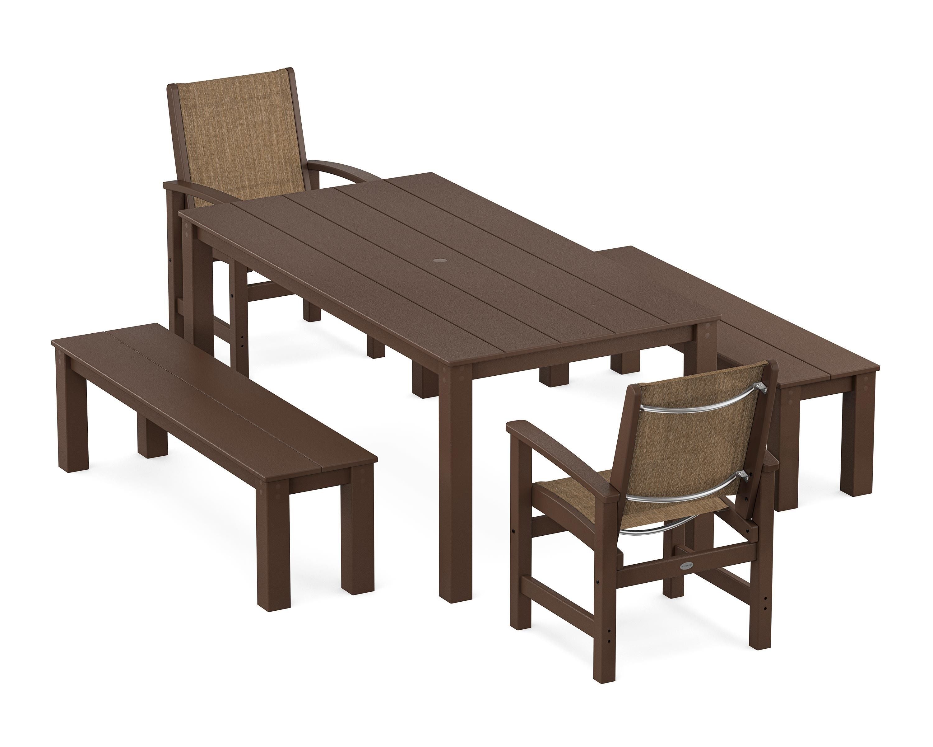 POLYWOOD® Coastal 5-Piece Parsons Dining Set with Benches in Mahogany / Burlap Sling