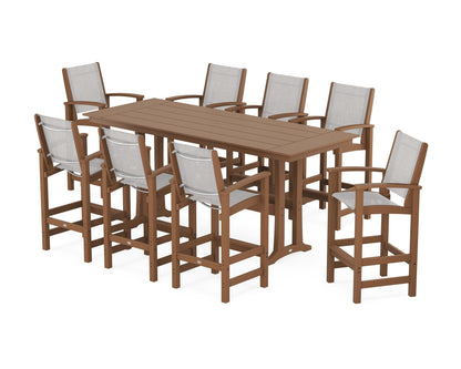 POLYWOOD® Coastal 9-Piece Farmhouse Bar Set with Trestle Legs in Teak / Parchment Sling