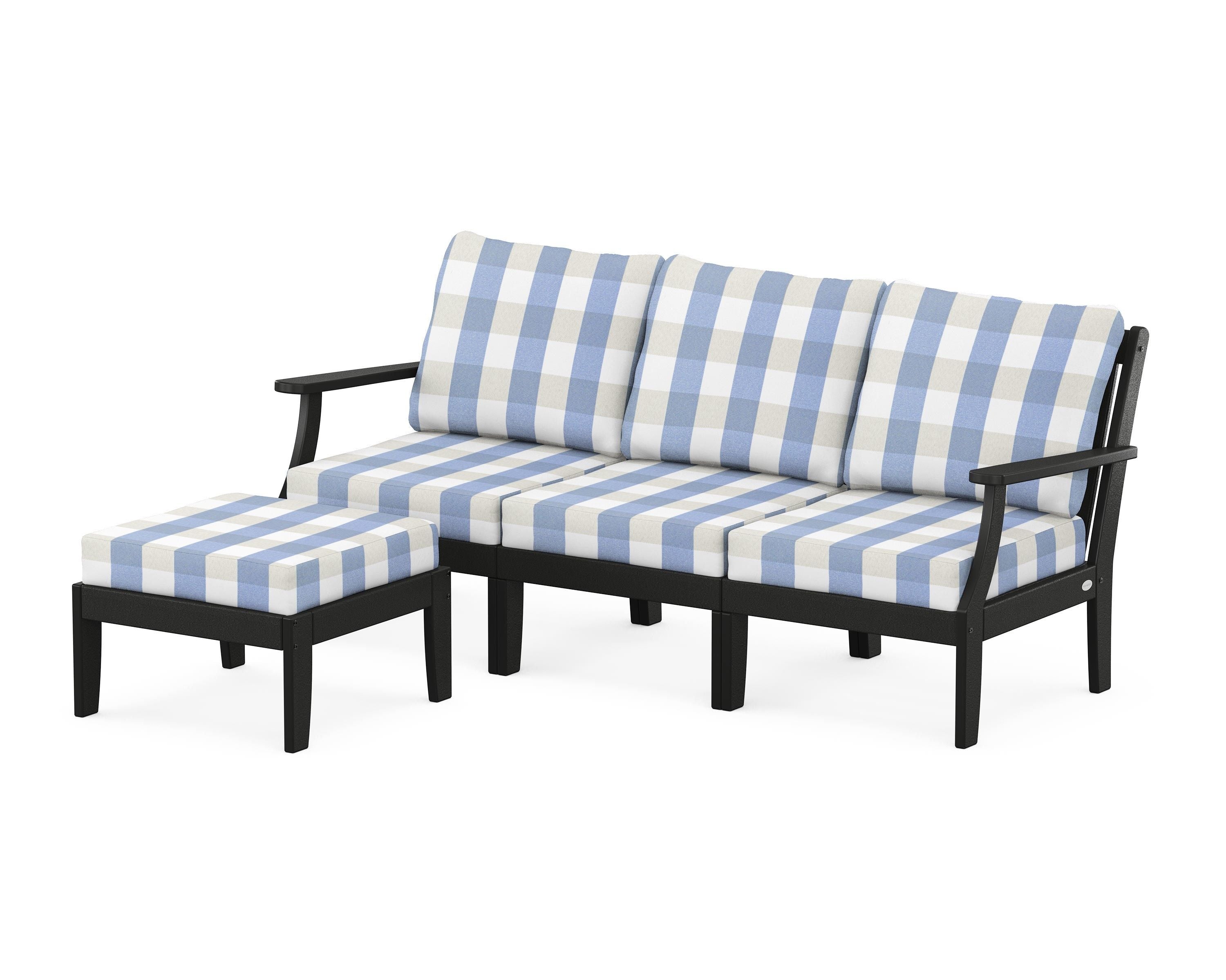POLYWOOD® Braxton Modular 4-Piece Deep Seating Set with Ottoman in Black / Buffalo Plaid Sky Blue
