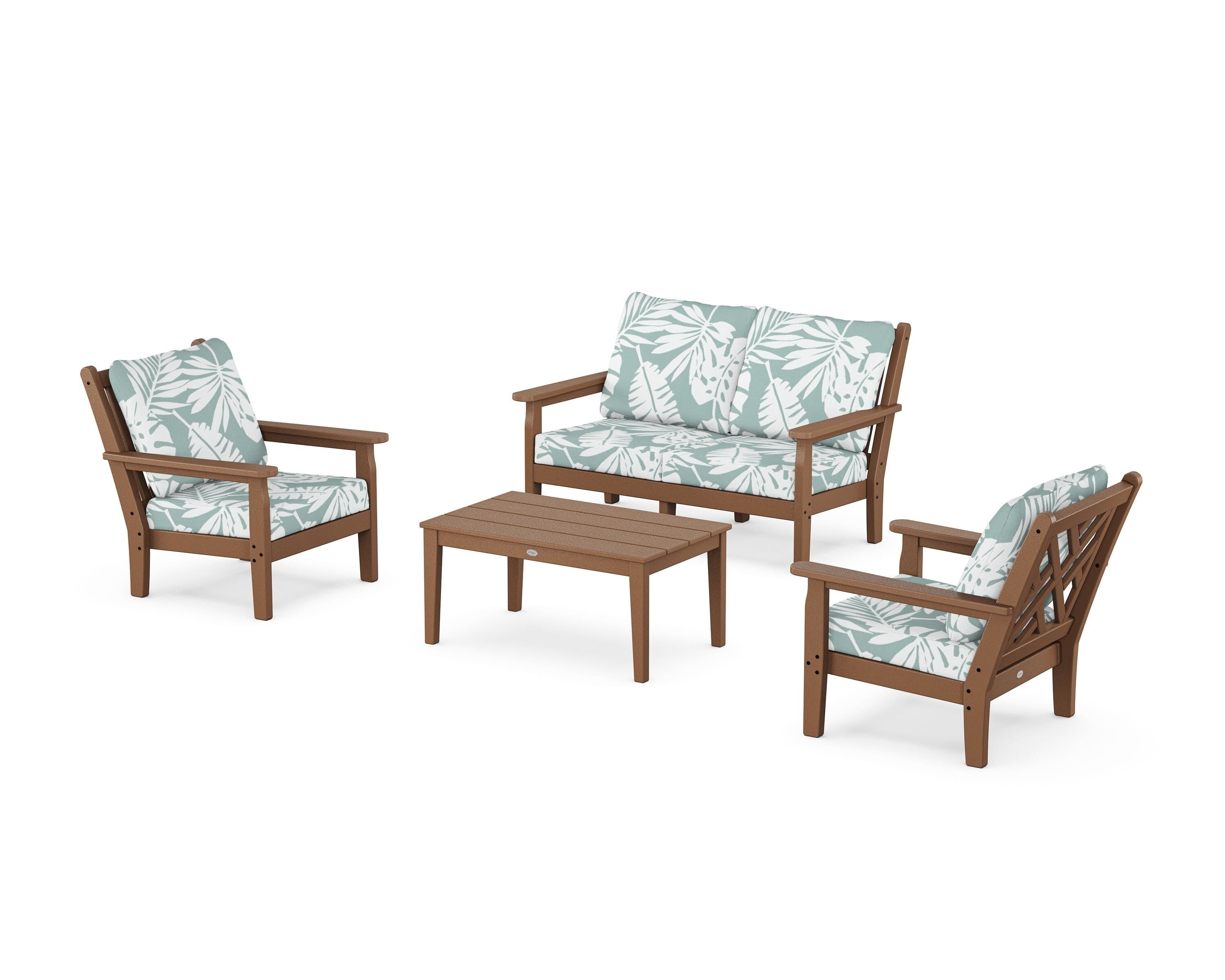 POLYWOOD® Chippendale 4-Piece Deep Seating Set with Loveseat in Teak / Leaf Glacier Spa