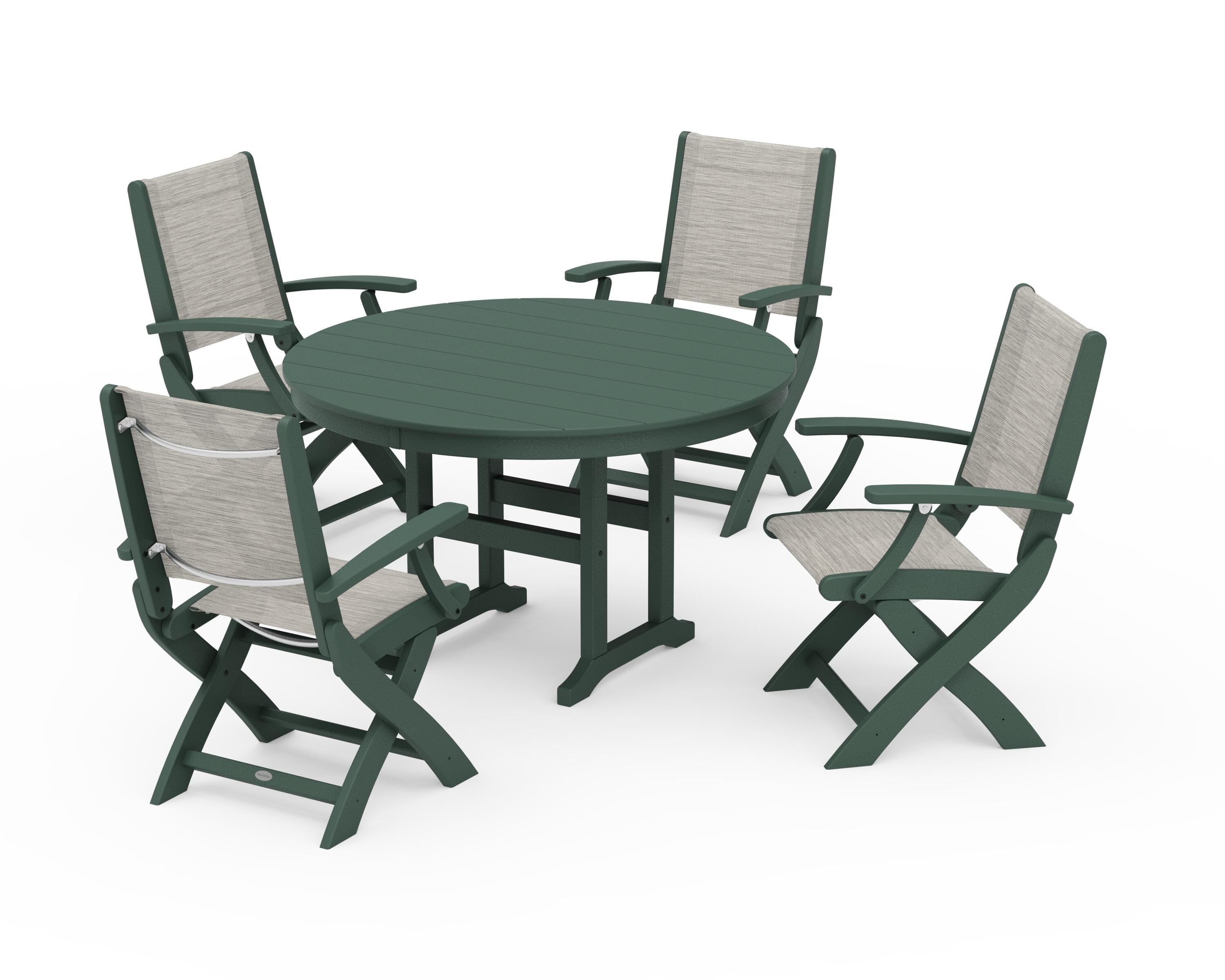 POLYWOOD® Coastal Folding Chair 5-Piece Round Dining Set in Green / Birch Sling