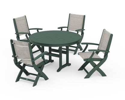 POLYWOOD® Coastal Folding Chair 5-Piece Round Dining Set in Green / Birch Sling