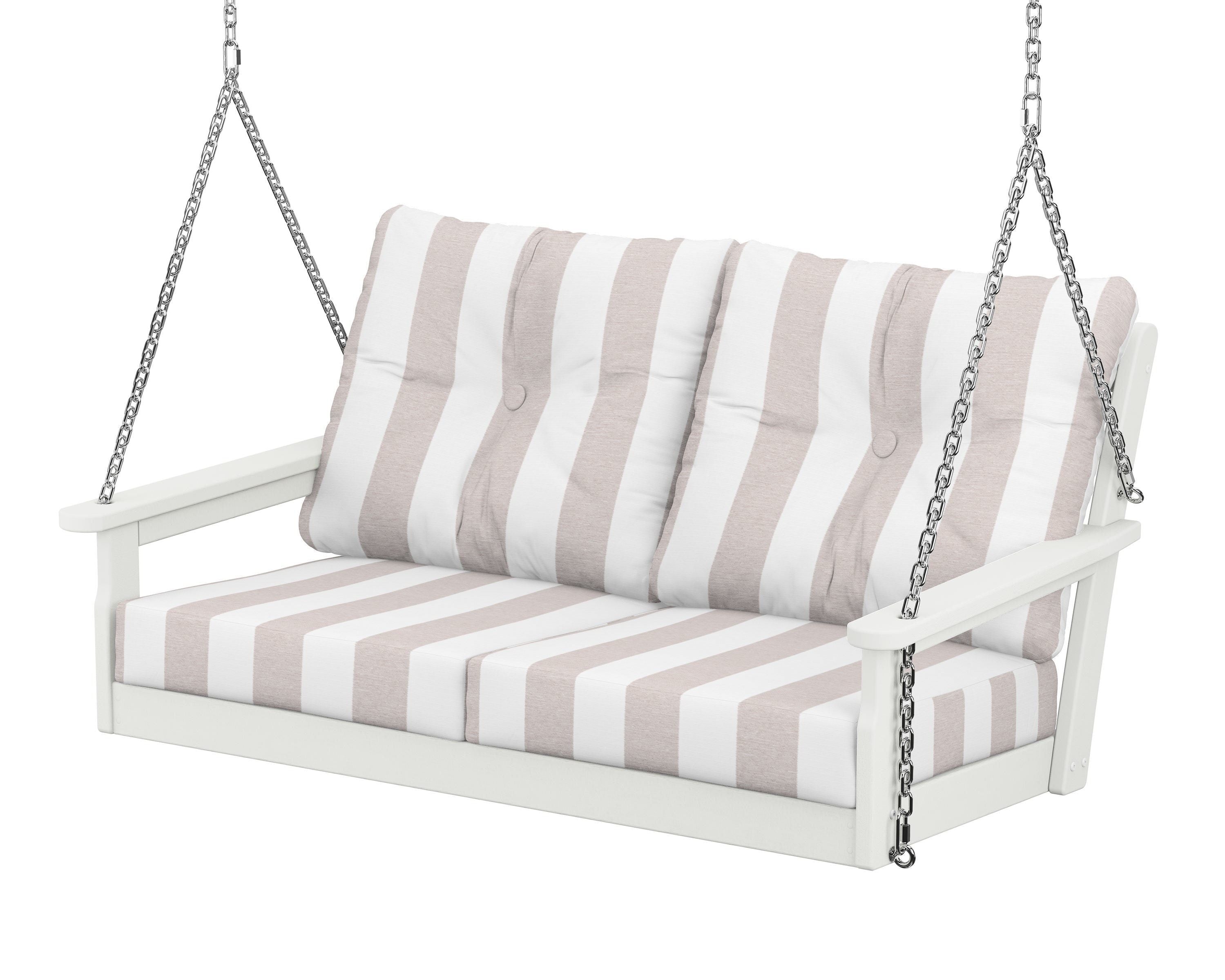 POLYWOOD® Vineyard Deep Seating Swing in Vintage White / Cabana Stripe Dune Burlap