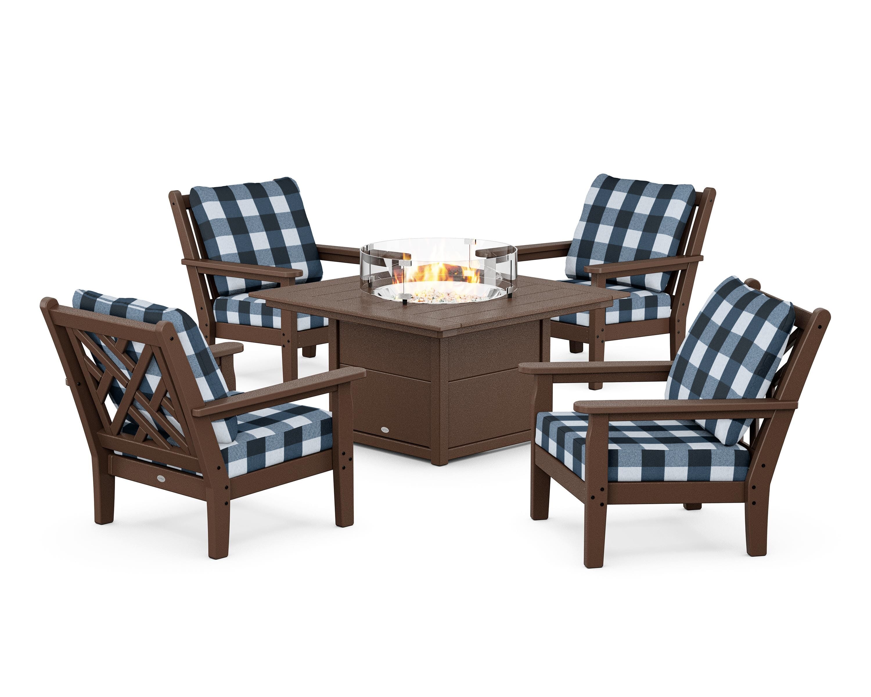 POLYWOOD® Chippendale 5-Piece Deep Seating Set with Fire Pit Table in Mahogany / Buffalo Plaid Marine Indigo