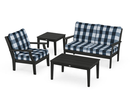 POLYWOOD® Braxton 4-Piece Deep Seating Set in Black / Buffalo Plaid Marine Indigo