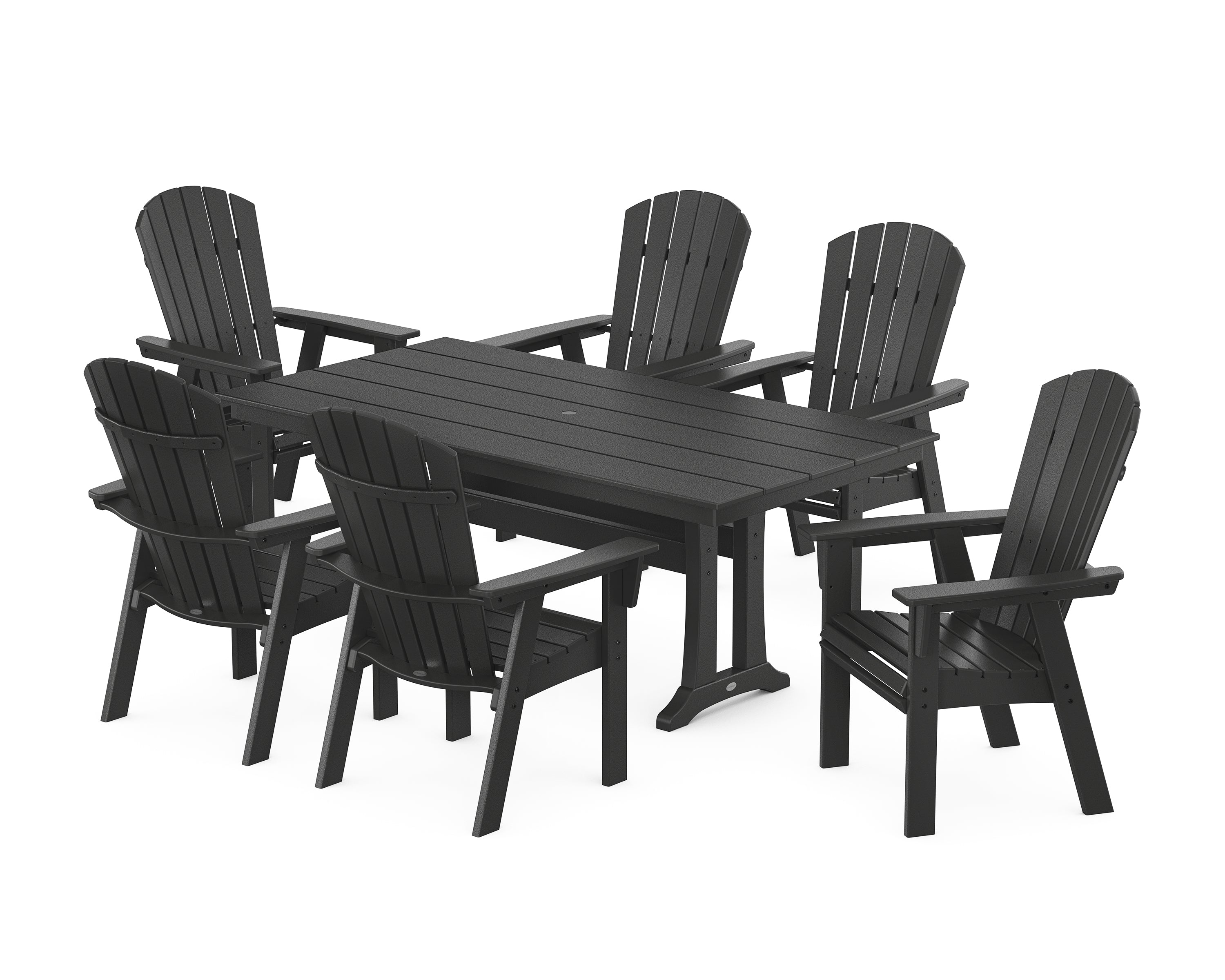 POLYWOOD® Nautical Curveback Adirondack 7-Piece Farmhouse Dining Set with Trestle Legs in Black