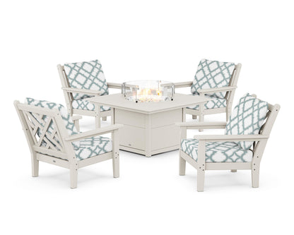 POLYWOOD® Chippendale 5-Piece Deep Seating Set with Fire Pit Table in Sand / Trellis Glacier Spa