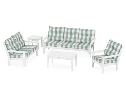 POLYWOOD® Vineyard 5 Piece Deep Seating Set in White / Buffalo Plaid Glacier Spa