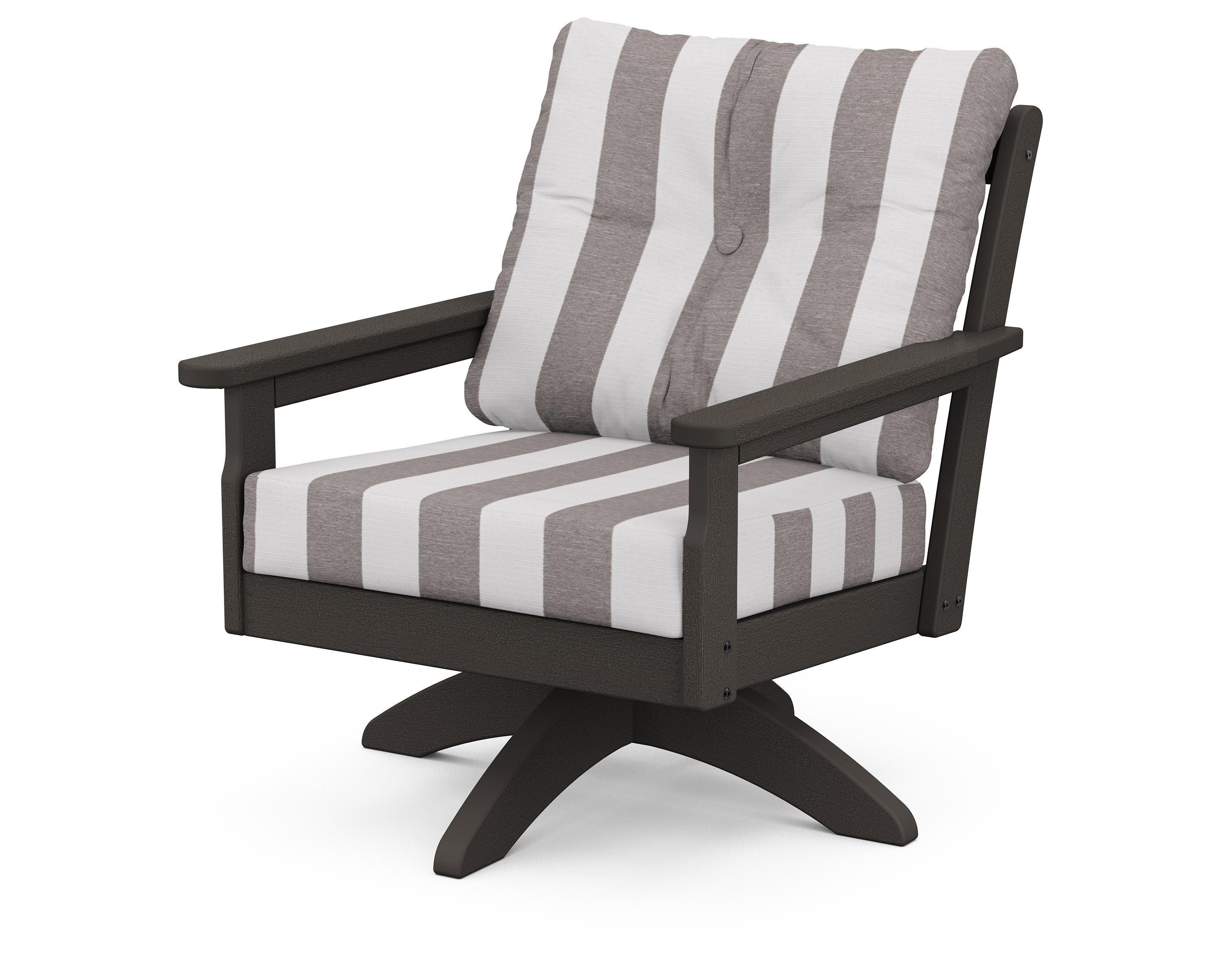 POLYWOOD® Vineyard Deep Seating Swivel Chair in Vintage Coffee / Cabana Stripe Grey Mist