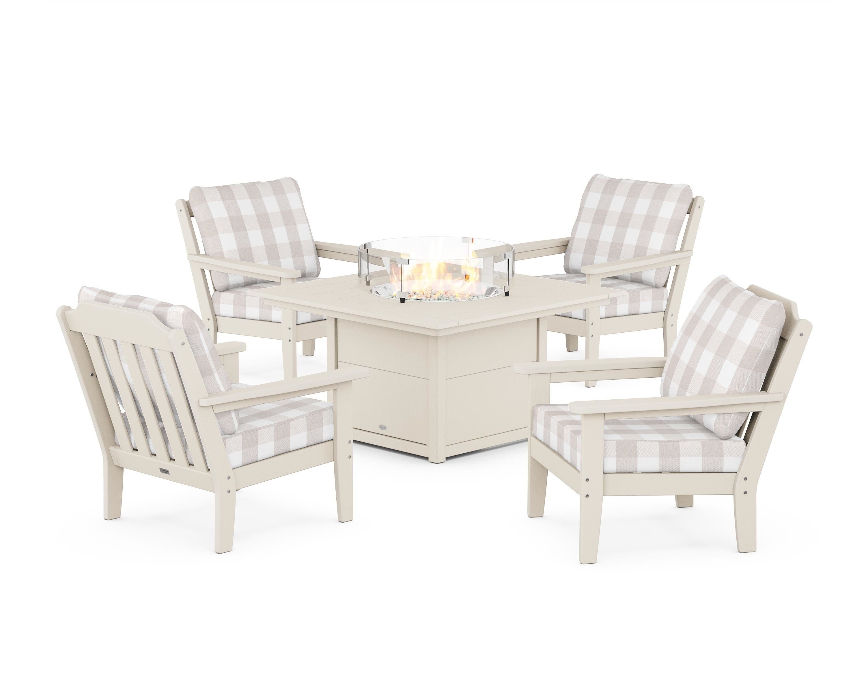Country Living Cottage 5-Piece Deep Seating Set with Fire Pit Table in Sand / Buffalo Plaid Dune Burlap