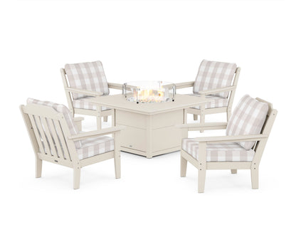 Country Living Cottage 5-Piece Deep Seating Set with Fire Pit Table in Sand / Buffalo Plaid Dune Burlap