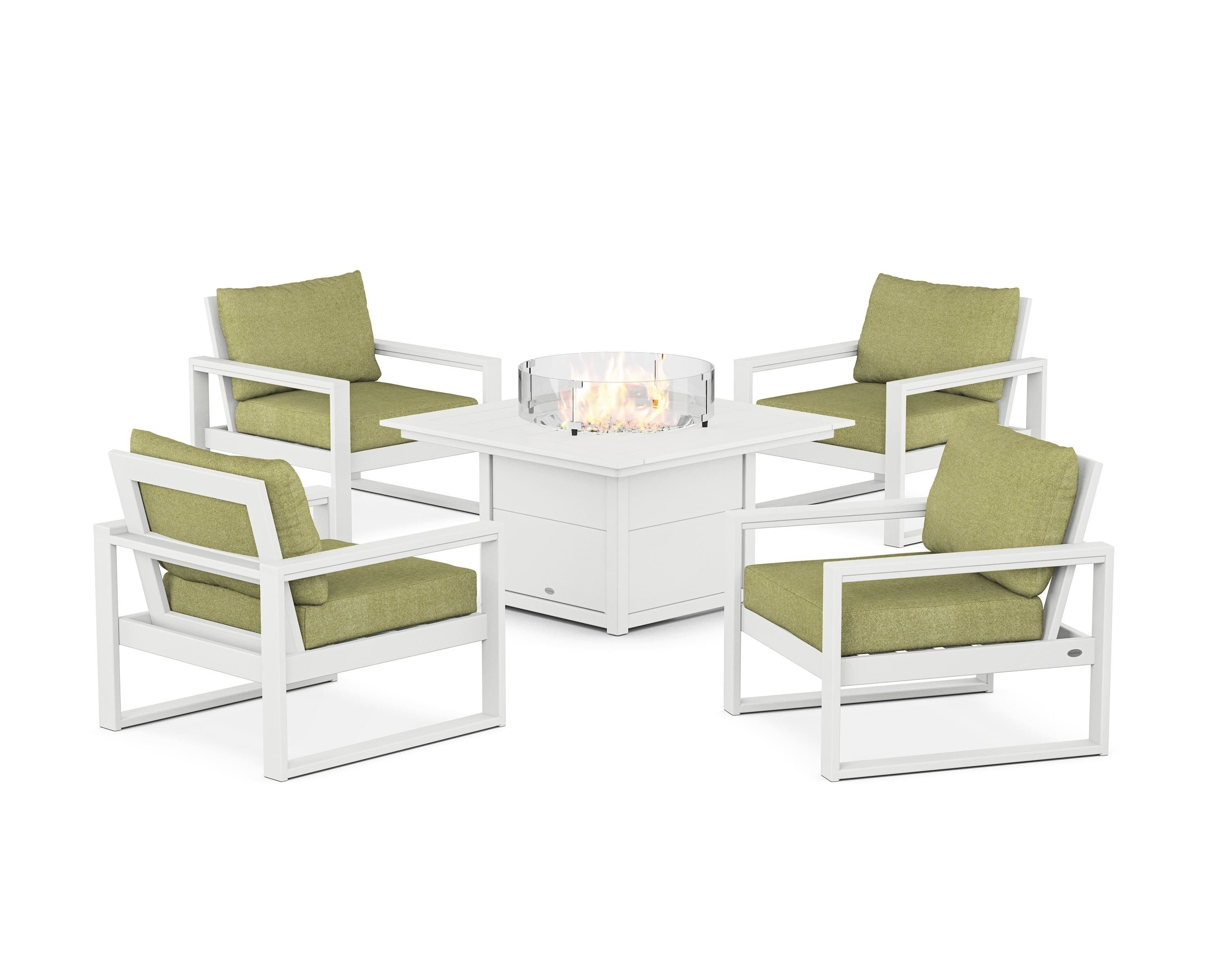 POLYWOOD® EDGE Sectional 5-Piece Deep Seating Set with Fire Pit Table in White / Chartreuse Boucle